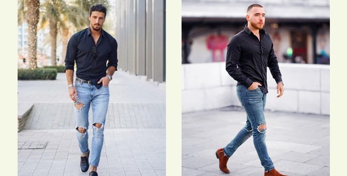 Blue Denim Jacket with Black Long Sleeve T-Shirt Outfits For Men