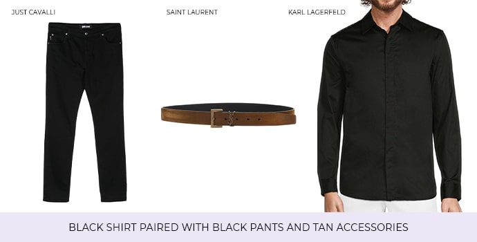 Black Shirt Paired With Black Pants And Tan Accessories