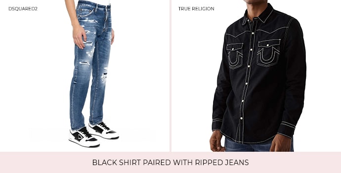 Black shirt and ripped jeans online