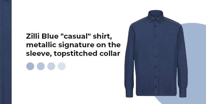 Zilli Blue "casual" shirt, metallic signature on the sleeve, topstitched collar