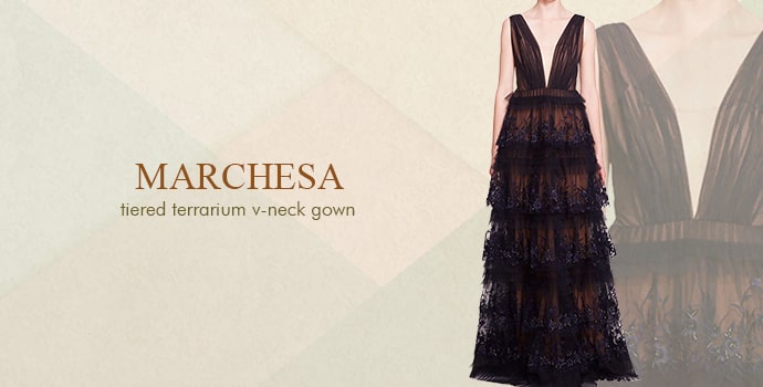 Marchesa Tiered Terrarium V-Neck Gown