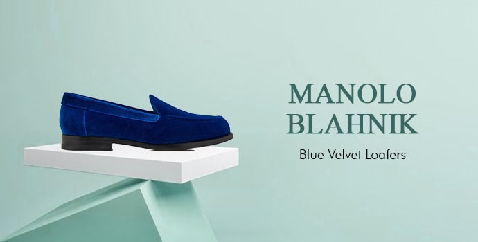 types of loafers & drivers for women's Manolo Blahnik Blue Velvet Loafers